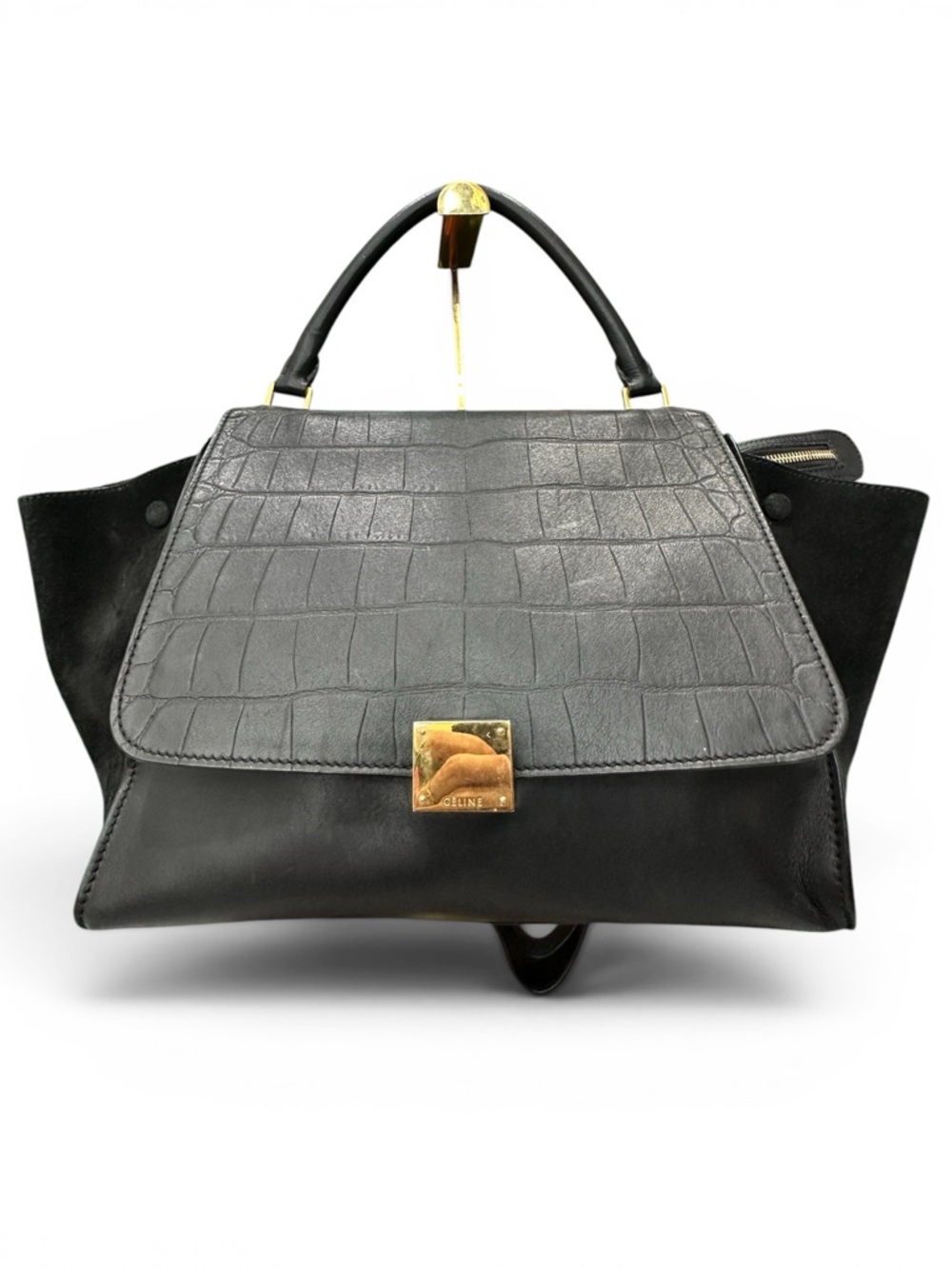 Celine Trapeze Bag Black Croc Embossed Leather Suede Wings Phoebe Philo Era